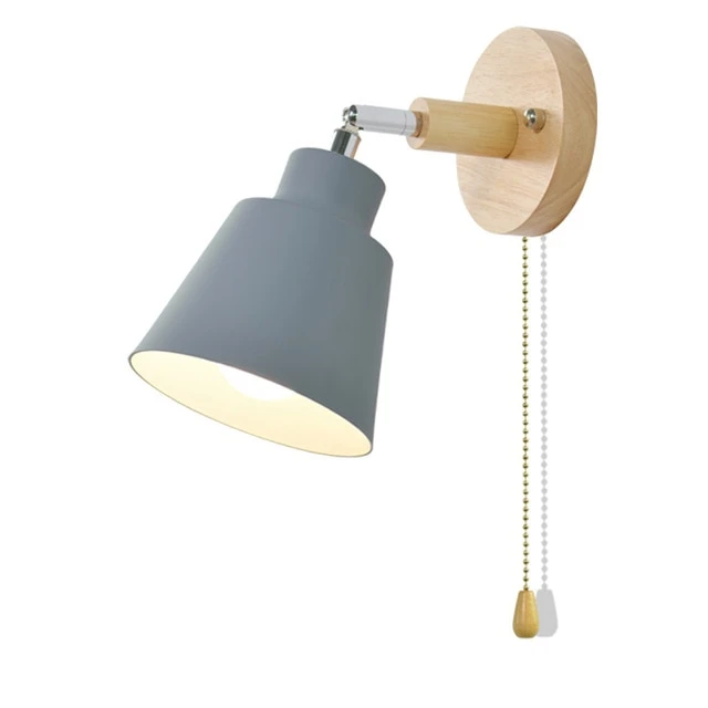 Applique murale réglable avec interrupteur à tirette Base en bois Lampe de lecture Chambre Table de chevet Orientable à 180° | Sansoti