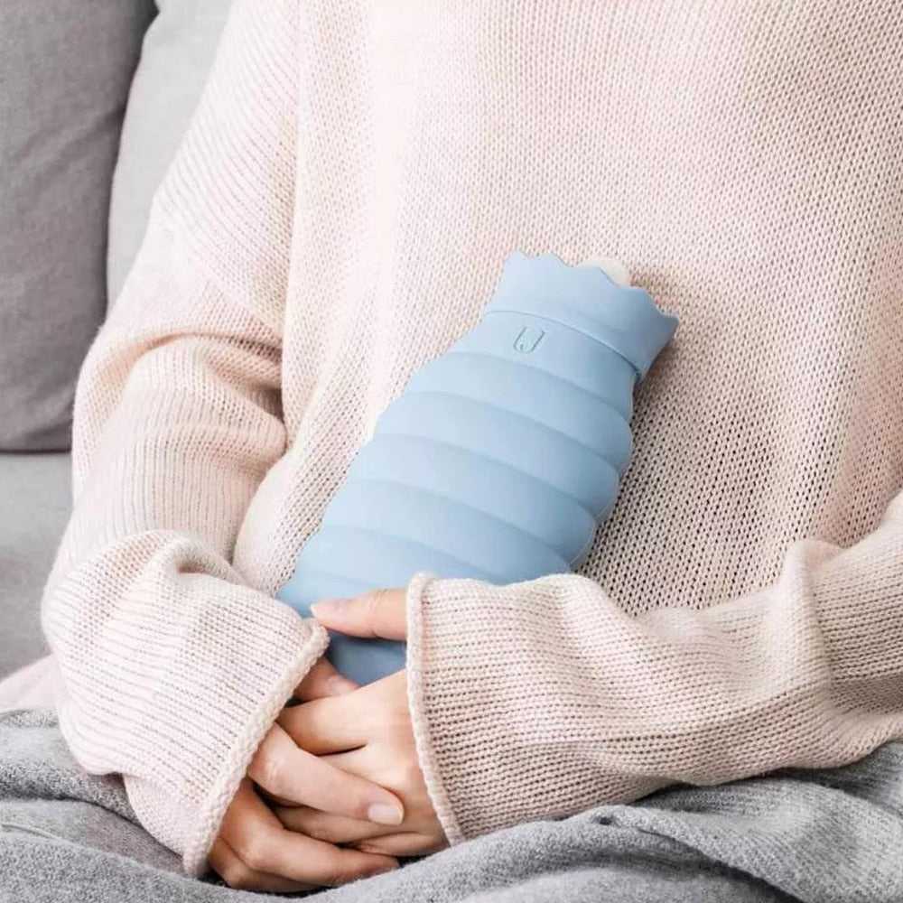 Microwave-Safe Silicone Hot Water Bottle 313ml 620ml with Knitted Cover for Abdominal Pain Relief and Warmth | Sansoti