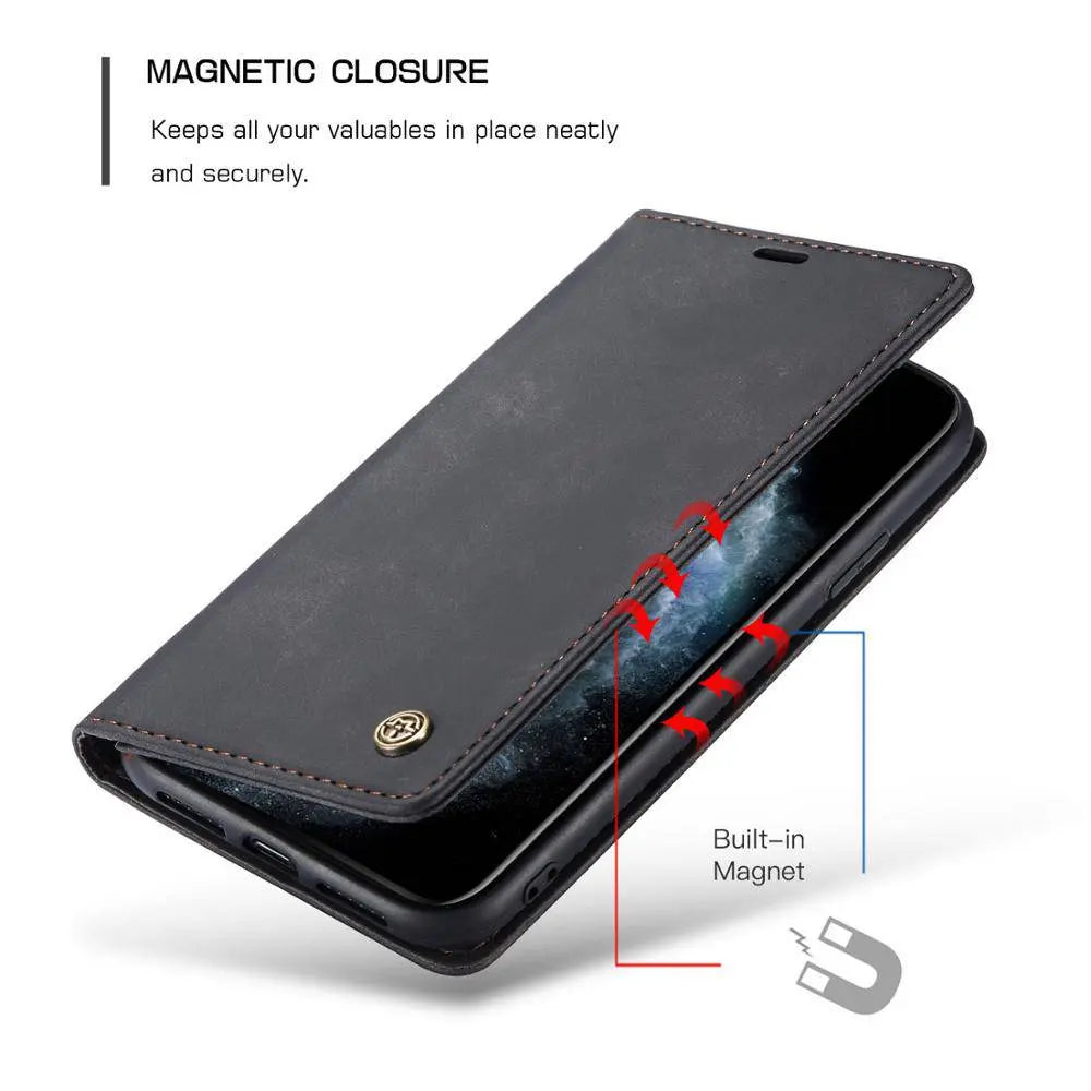 Leather Wallet Phone Case iPhone 11 Cognac Black Red Blue Wallet Case Camera Protection Card Slots | Sansoti