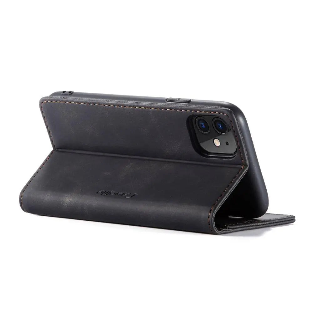 Leather Wallet Phone Case iPhone 11 Cognac Black Red Blue Wallet Case Camera Protection Card Slots | Sansoti