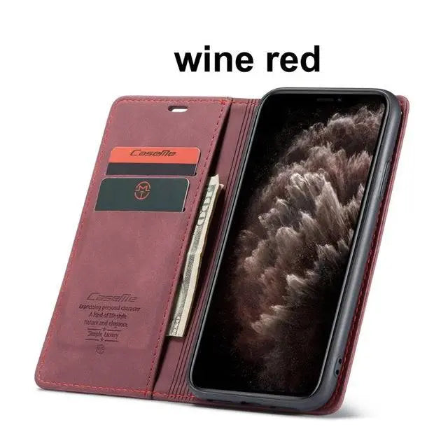 Leather Wallet Phone Case iPhone 11 Cognac Black Red Blue Wallet Case Camera Protection Card Slots | Sansoti