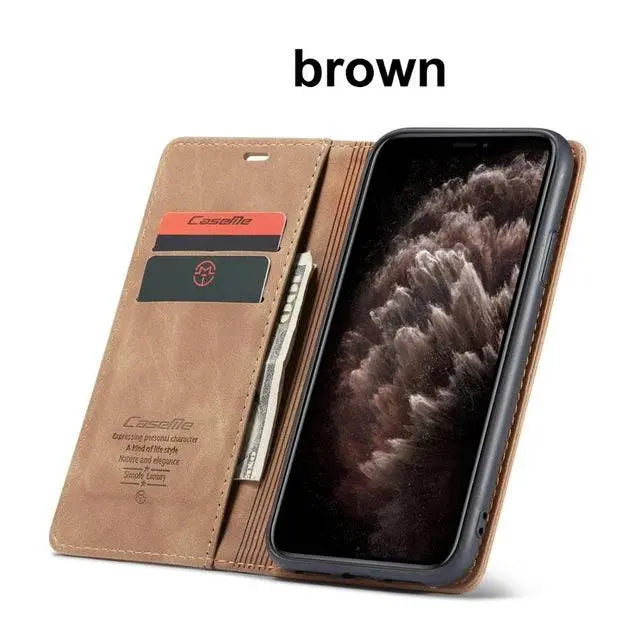 Leather Wallet Phone Case iPhone 11 Cognac Black Red Blue Wallet Case Camera Protection Card Slots | Sansoti