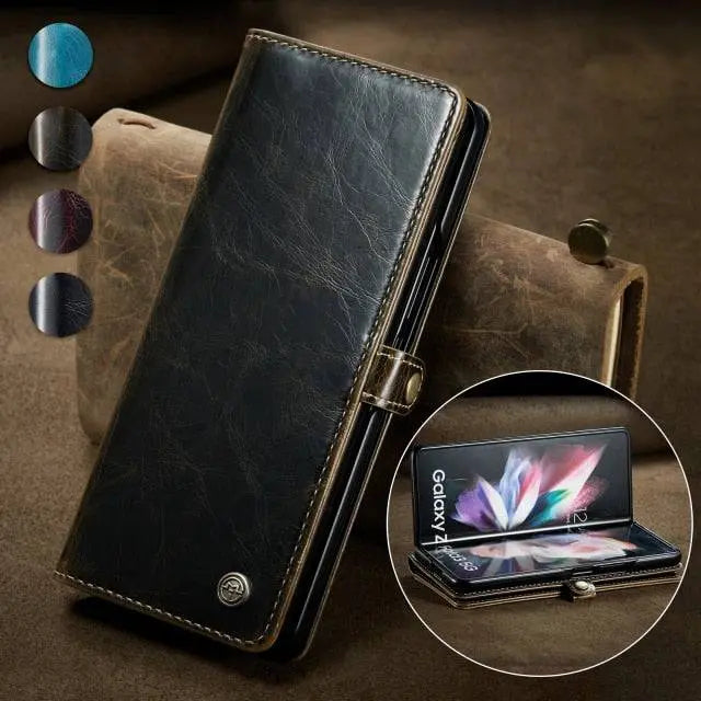 Leather Phone Case with Wallet Card Holder for Foldable Smartphone Black Blue Red Brown Protection | Sansoti