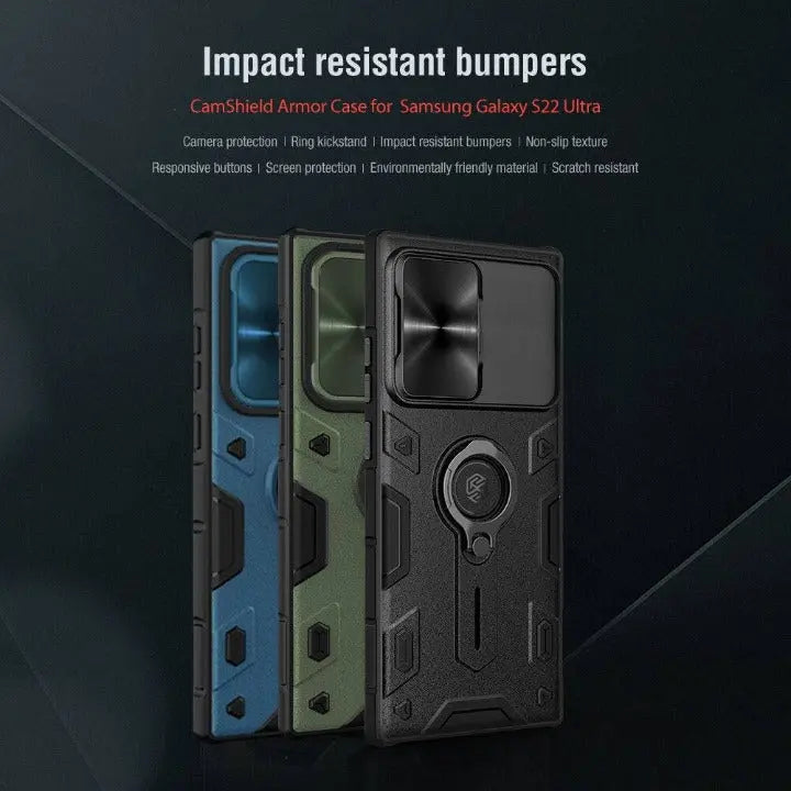 Étui de téléphone en aluminium avec support annulaire et protection de l'appareil photo pour Galaxy S22 Ultra, design noir, bleu et vert | Sansoti