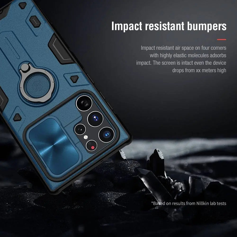 Étui de téléphone en aluminium avec support annulaire et protection de l'appareil photo pour Galaxy S22 Ultra, design noir, bleu et vert | Sansoti