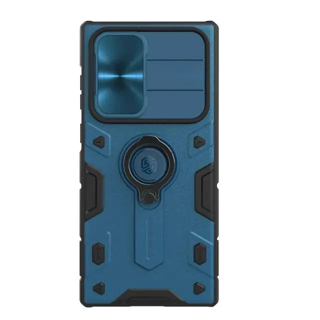 Étui de téléphone en aluminium avec support annulaire et protection de l'appareil photo pour Galaxy S22 Ultra, design noir, bleu et vert | Sansoti