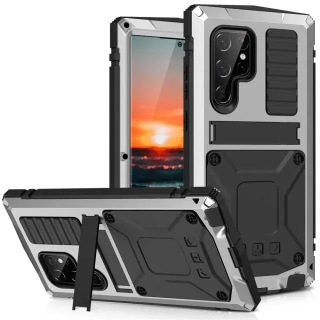 Aluminum Protective Case with Stand and Tempered Glass for Smartphone Impact-Resistant Shockproof Stylish Design | Sansoti