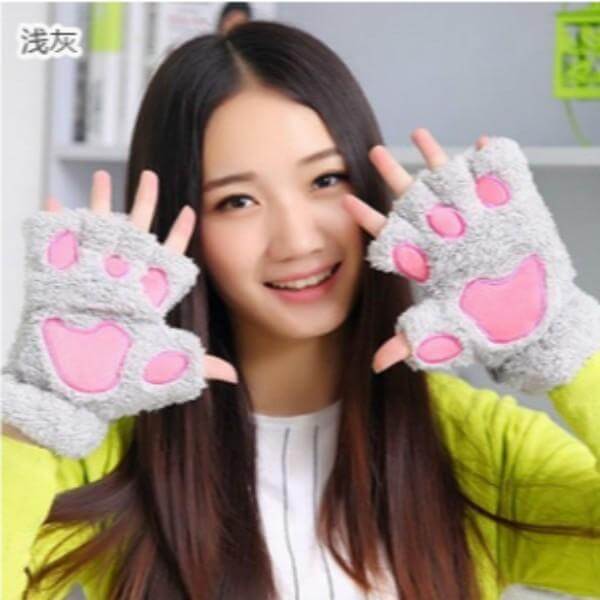 Fingerlose Handschuhe Plüschpfote Damen Winter Warm Unisex Wolle Kaschmir Handgelenklang Bärenprint Gestrickt | Sansoti