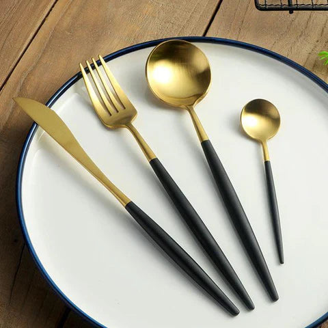 Modern Bestekset 24-Delig Titanium RVS Goud Roségoud Zwart Zwart-Goud Tafelvork Tafelmes Theelepel Eetlepel Glanzende Afwerking | Sansoti