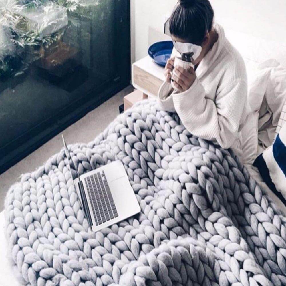 Chunky Knit Plaid Soft Acrylic Handwoven Blanket Solid Warmth Decorative Living Room Bedroom Sofa Cozy | Sansoti