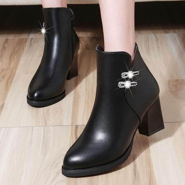 Enkellaarzen met Blokhak en Kristaldetail Dames Rits Plateauzool Kort Pluche Voering Rubberen Zool Winter | Sansoti
