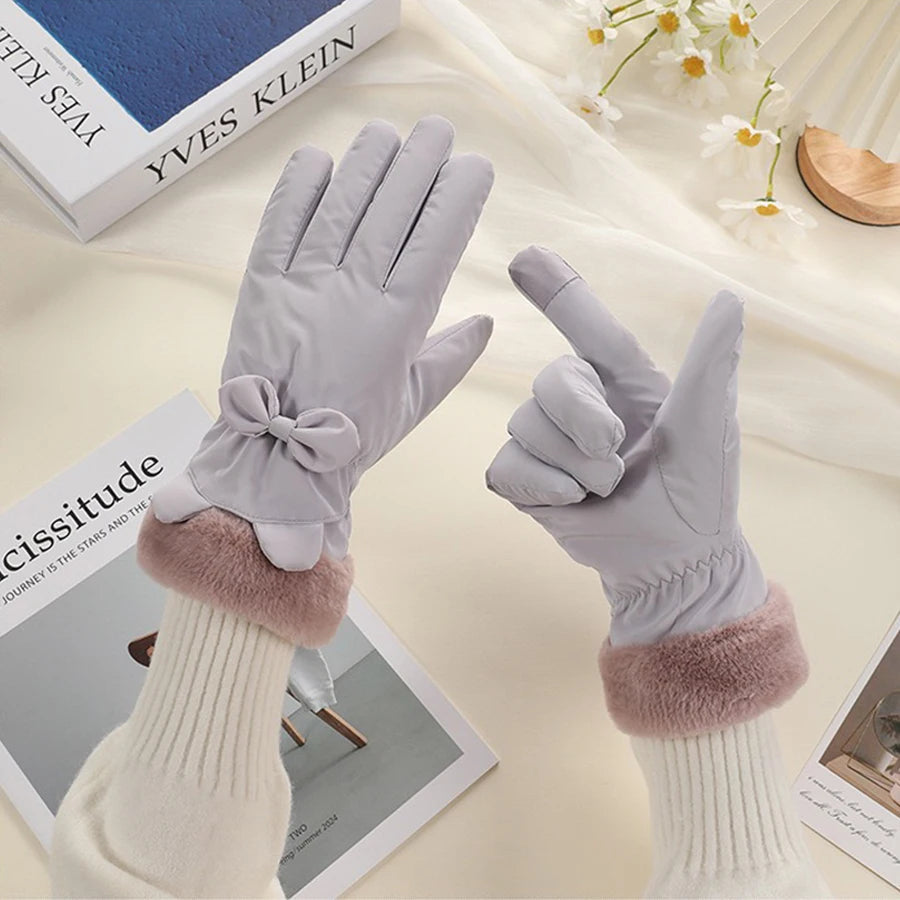 Touchscreen Winter Gloves for Women, Waterproof, Thermally Insulated, with Bow Decoration, One Size, Warm | Sansoti