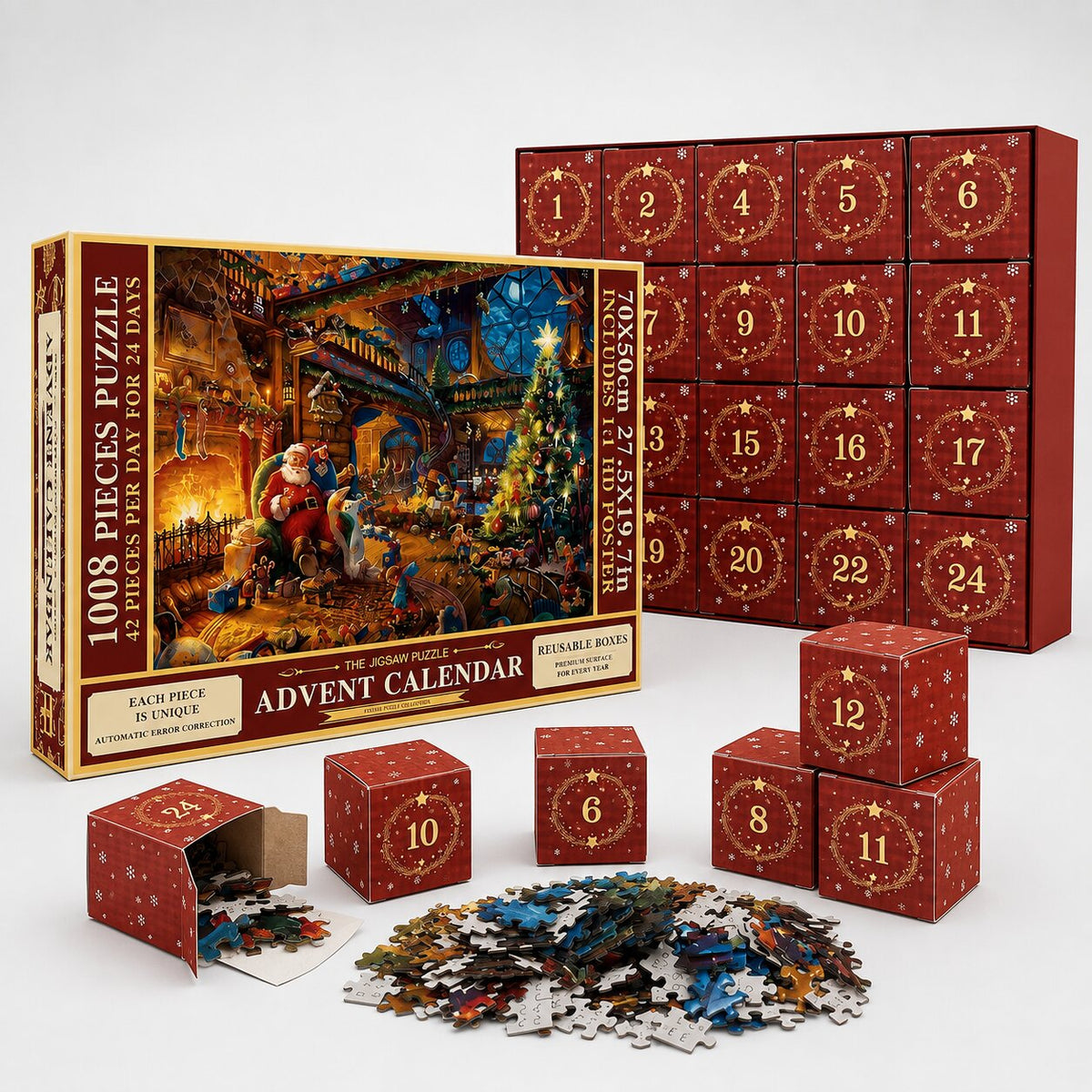 Adventskalender mit 1008 Puzzleteilen, 24 Tage, Weihnachtspuzzle 50x70cm, komplett mit Poster, Weihnachtsdekoration | Sansoti
