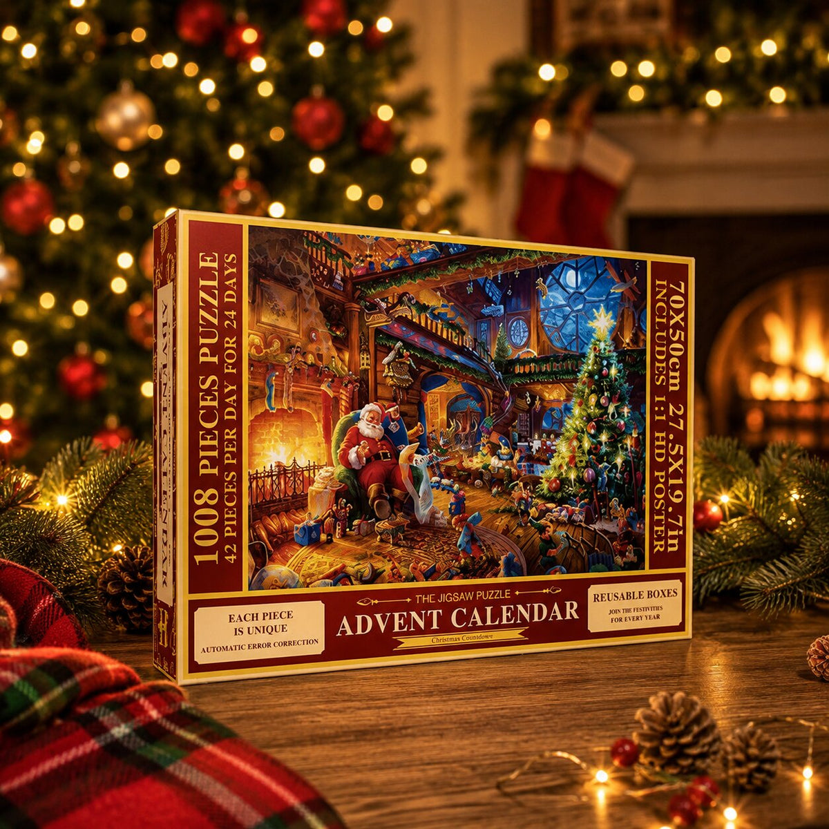Adventskalender mit 1008 Puzzleteilen, 24 Tage, Weihnachtspuzzle 50x70cm, komplett mit Poster, Weihnachtsdekoration | Sansoti