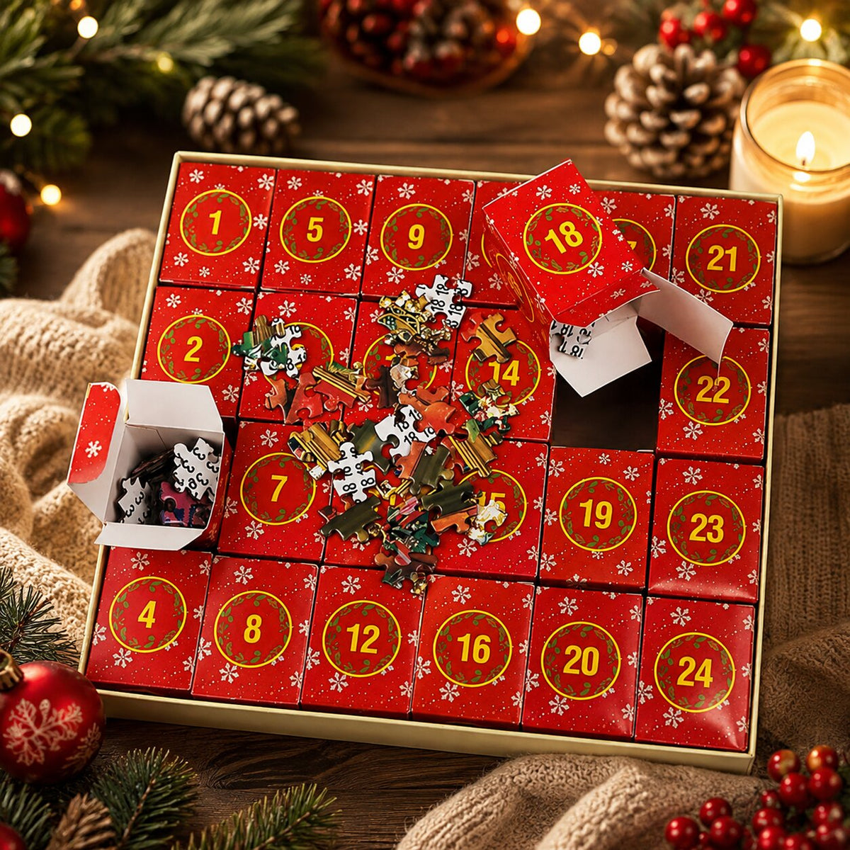 Adventskalender mit 1008 Puzzleteilen, 24 Tage, Weihnachtspuzzle 50x70cm, komplett mit Poster, Weihnachtsdekoration | Sansoti