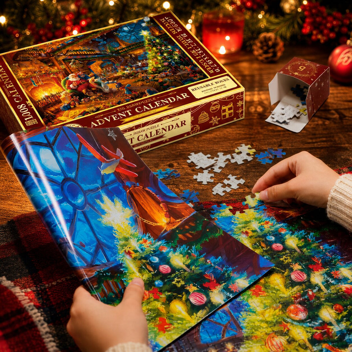 Adventskalender mit 1008 Puzzleteilen, 24 Tage, Weihnachtspuzzle 50x70cm, komplett mit Poster, Weihnachtsdekoration | Sansoti