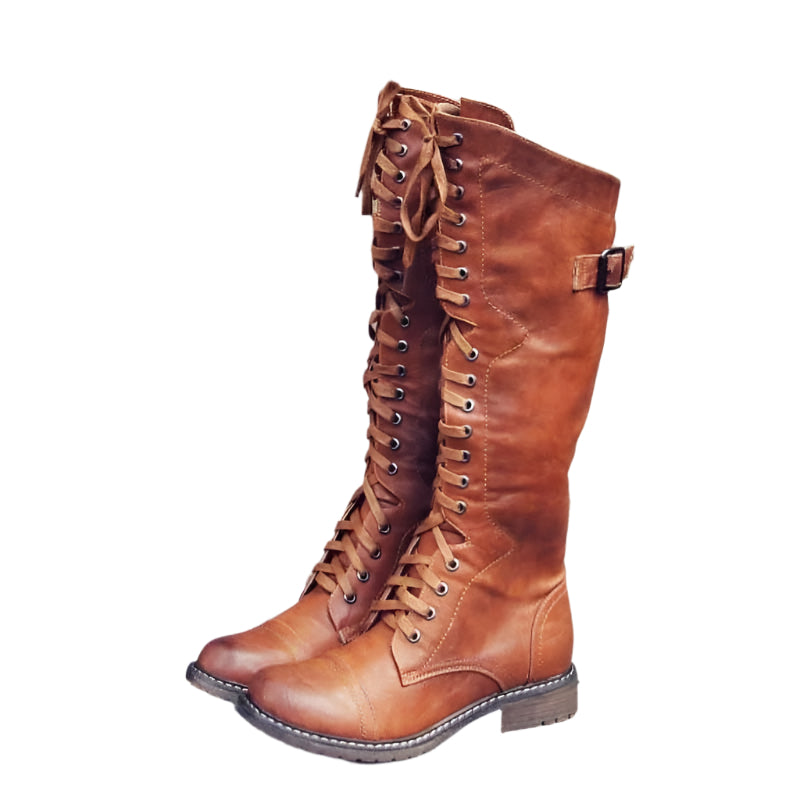 Veterlaars Dames Kniehoog Leren Rijlaars Klassiek Zwart Bruin Rood Vintage Stijl Veelzijdig | Sansoti
