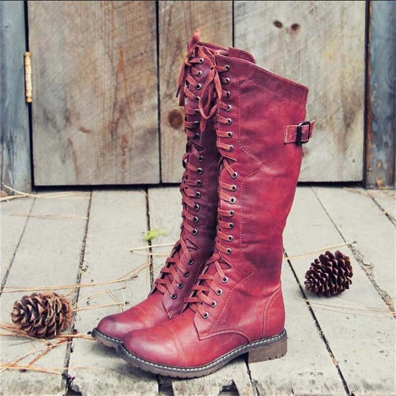 Veterlaars Dames Kniehoog Leren Rijlaars Klassiek Zwart Bruin Rood Vintage Stijl Veelzijdig | Sansoti