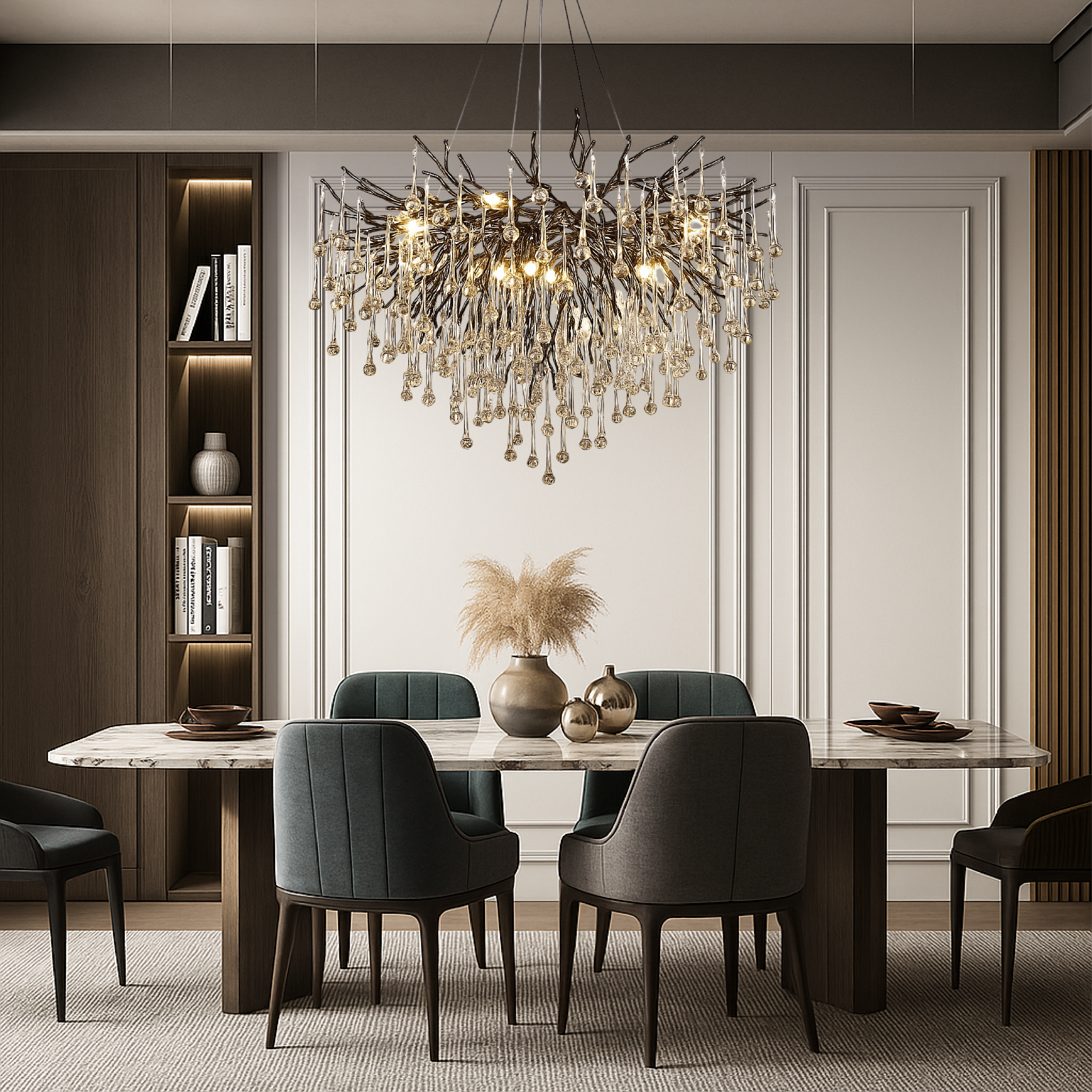 Lustre en cristal, aluminium noir avec éclairage LED blanc chaud 3000 K, pour hauts plafonds et salons | Sansoti