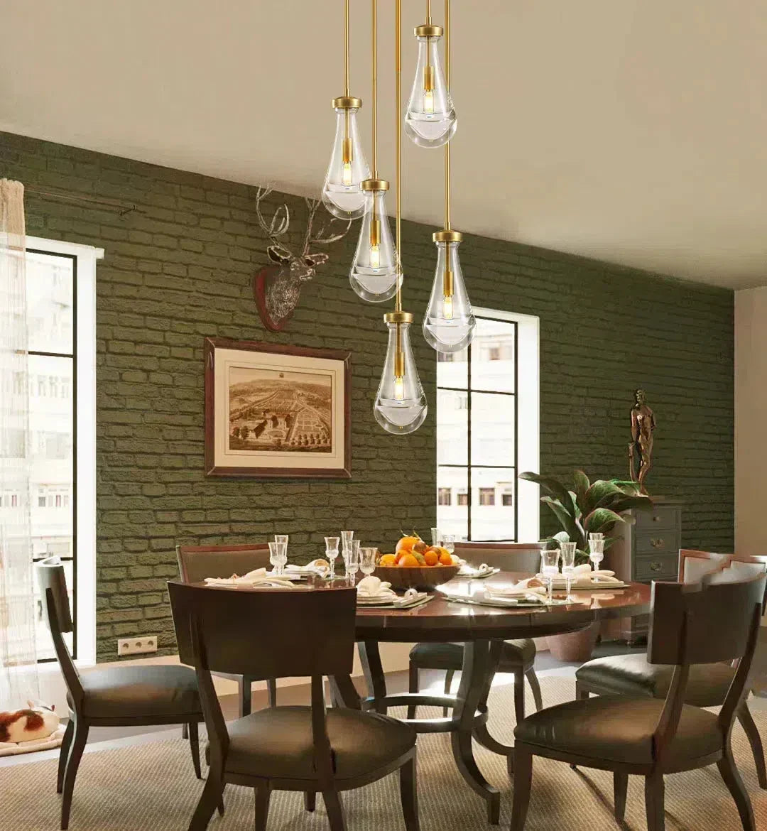 Ronde Glazen Kroonluchter 5 Lichtpunten Druppelvorm Glas Metaal Hanglamp voor Eetkamer Woonkamer Eettafel | Sansoti