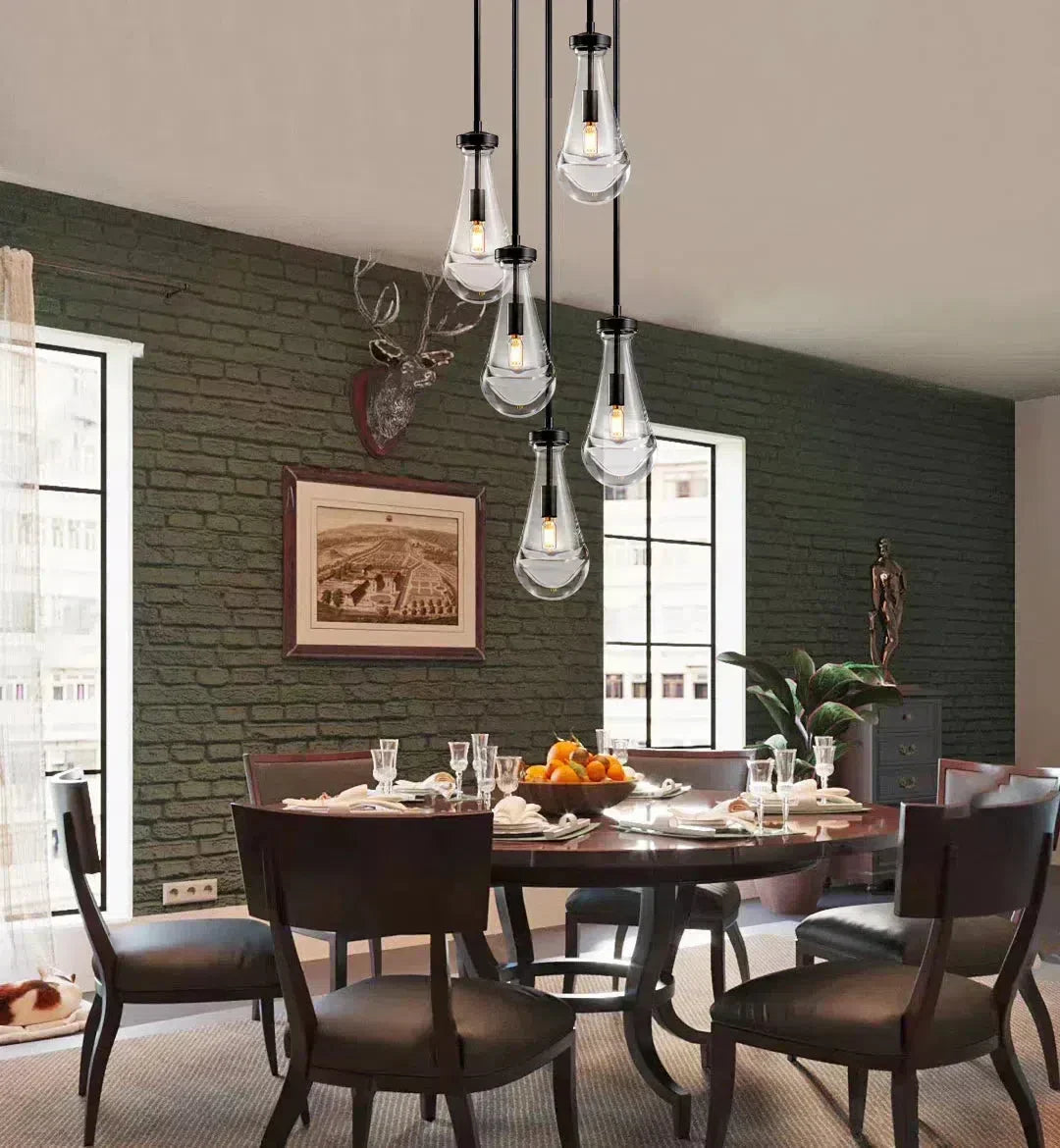 Ronde Glazen Kroonluchter 5 Lichtpunten Druppelvorm Glas Metaal Hanglamp voor Eetkamer Woonkamer Eettafel | Sansoti