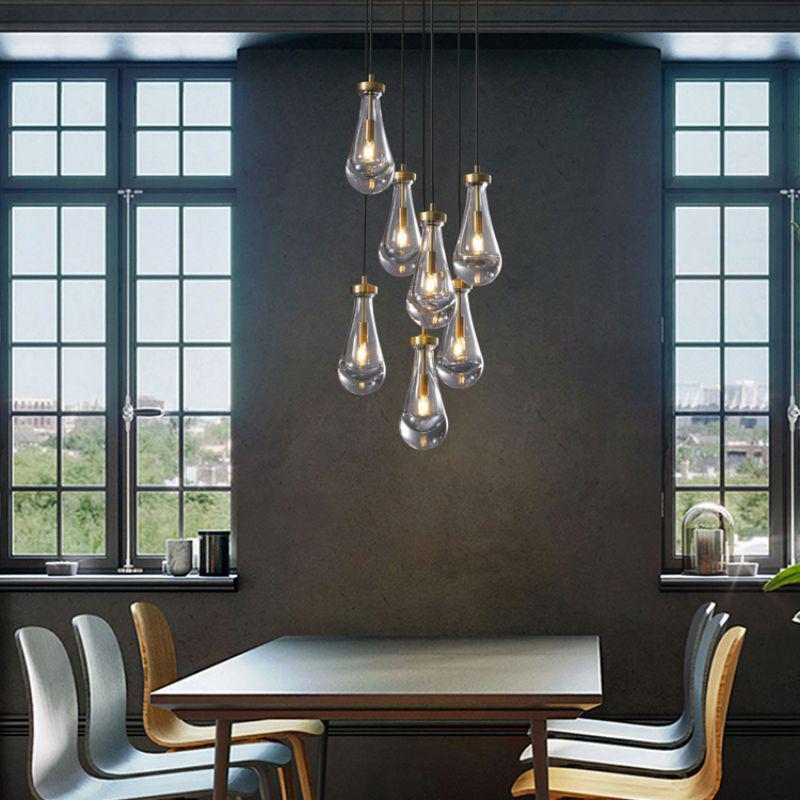 Ronde Glazen Kroonluchter 5 Lichtpunten Druppelvorm Glas Metaal Hanglamp voor Eetkamer Woonkamer Eettafel | Sansoti