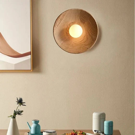 Japandi Wandlamp Hout Glas Rond Retro Vintage 27cm Woonkamer Slaapkamer Hal | Sansoti