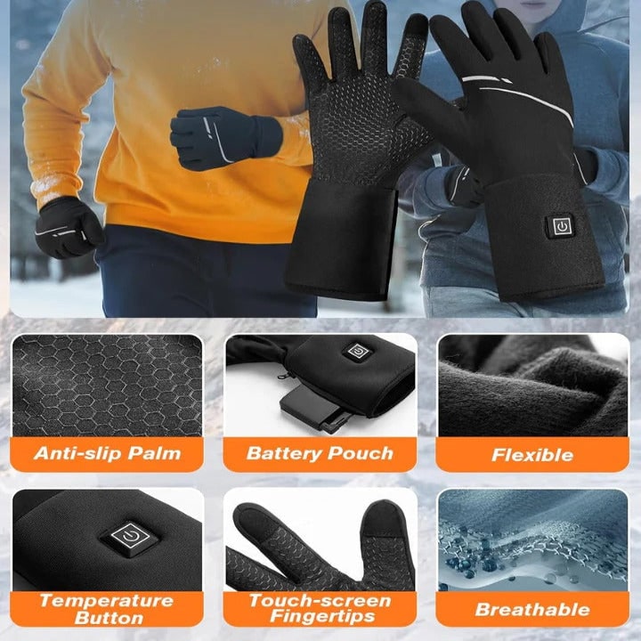 Sous-gants chauffants rechargeables avec réglage de la température pour sports d’hiver et activités en plein air, noirs, en polaire extensible | Sansoti