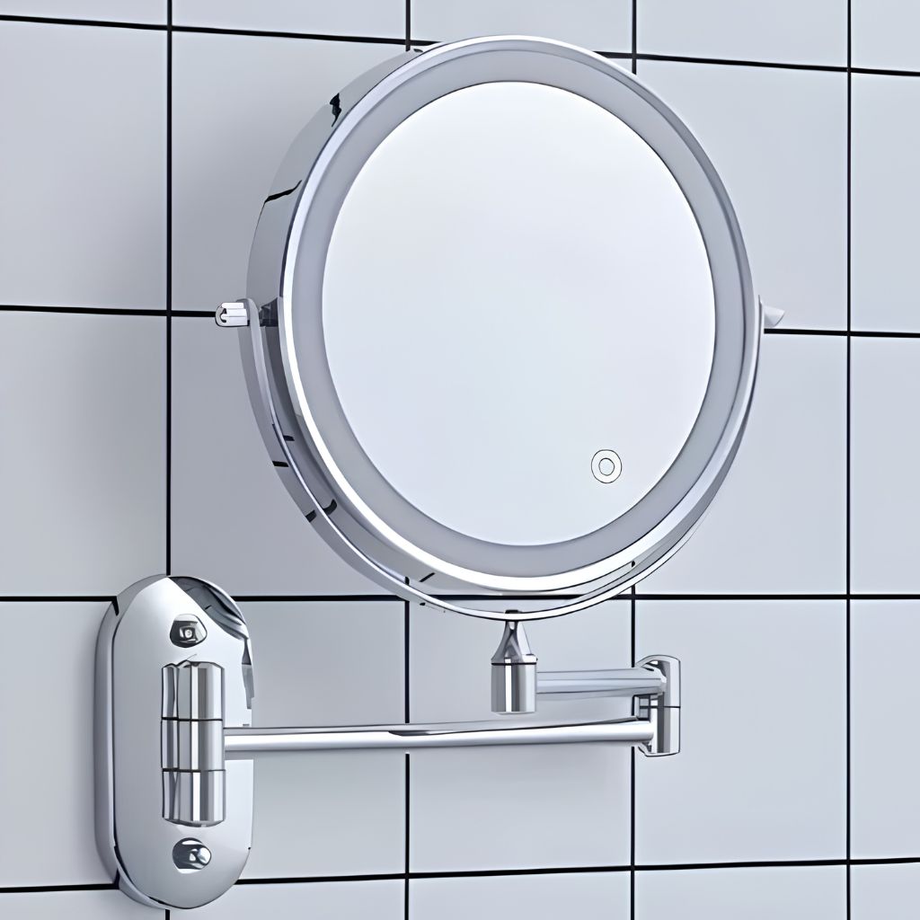 Miroir mural argenté avec éclairage LED et grossissement pour la salle de bains, le maquillage, les soins et le rasage | Sansoti