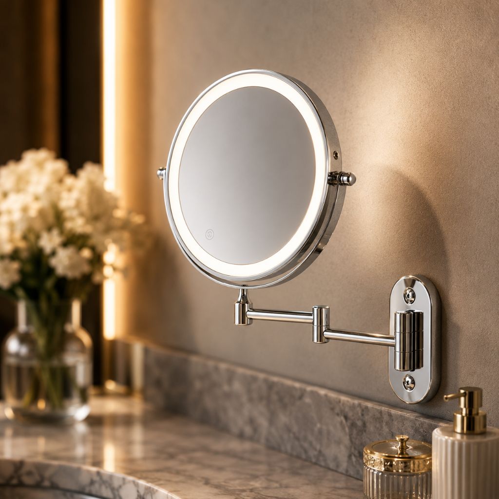 Miroir mural argenté avec éclairage LED et grossissement pour la salle de bains, le maquillage, les soins et le rasage | Sansoti