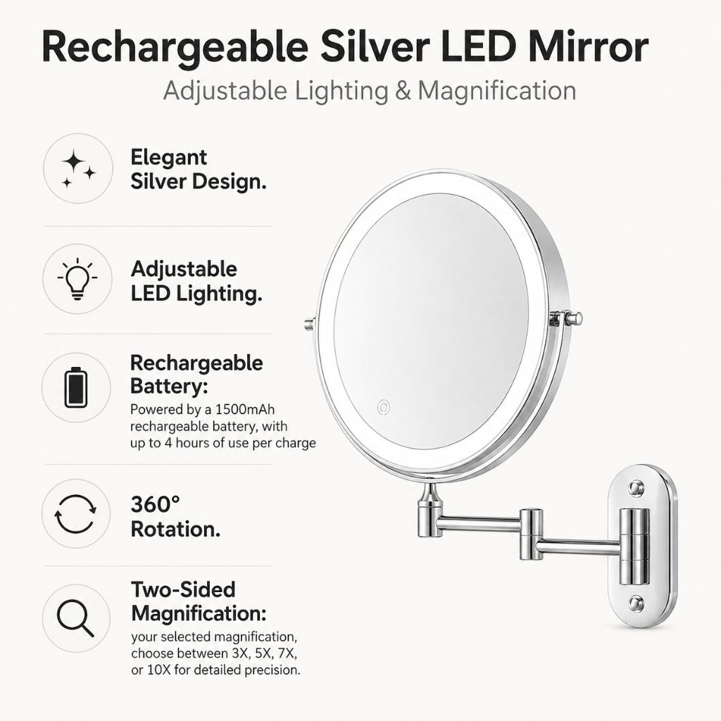Miroir mural argenté avec éclairage LED et grossissement pour la salle de bains, le maquillage, les soins et le rasage | Sansoti