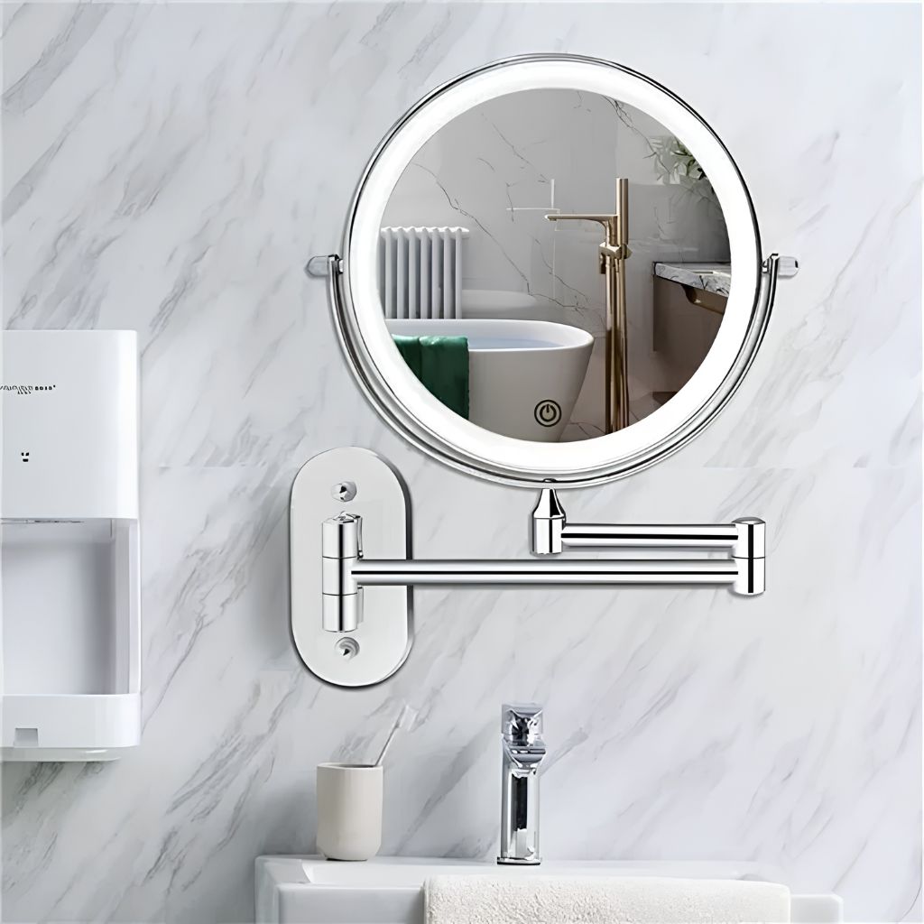 Miroir mural argenté avec éclairage LED et grossissement pour la salle de bains, le maquillage, les soins et le rasage | Sansoti