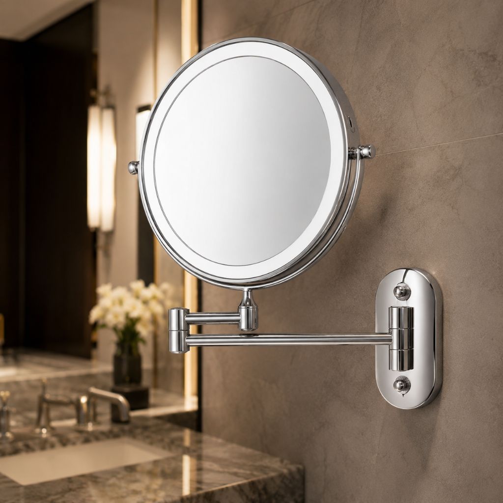 Miroir mural argenté avec éclairage LED et grossissement pour la salle de bains, le maquillage, les soins et le rasage | Sansoti