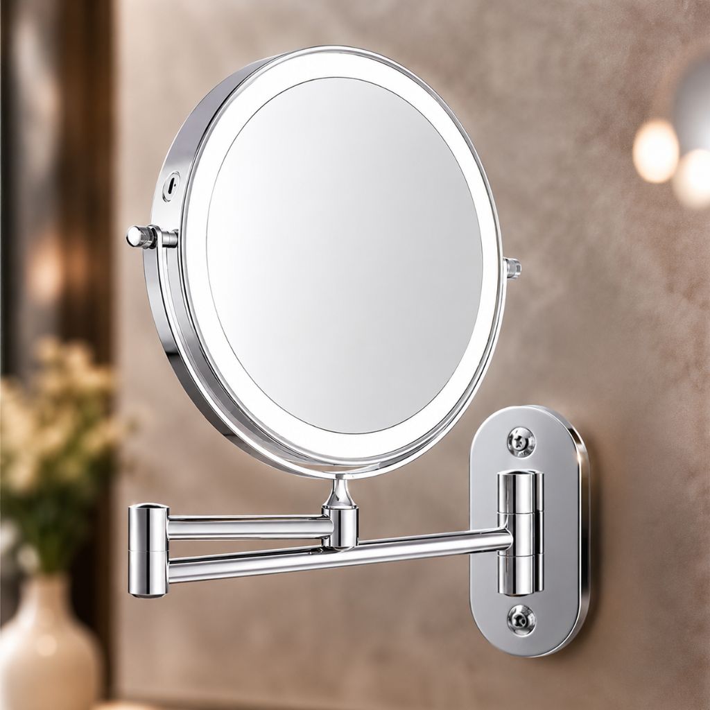 Miroir mural argenté avec éclairage LED et grossissement pour la salle de bains, le maquillage, les soins et le rasage | Sansoti