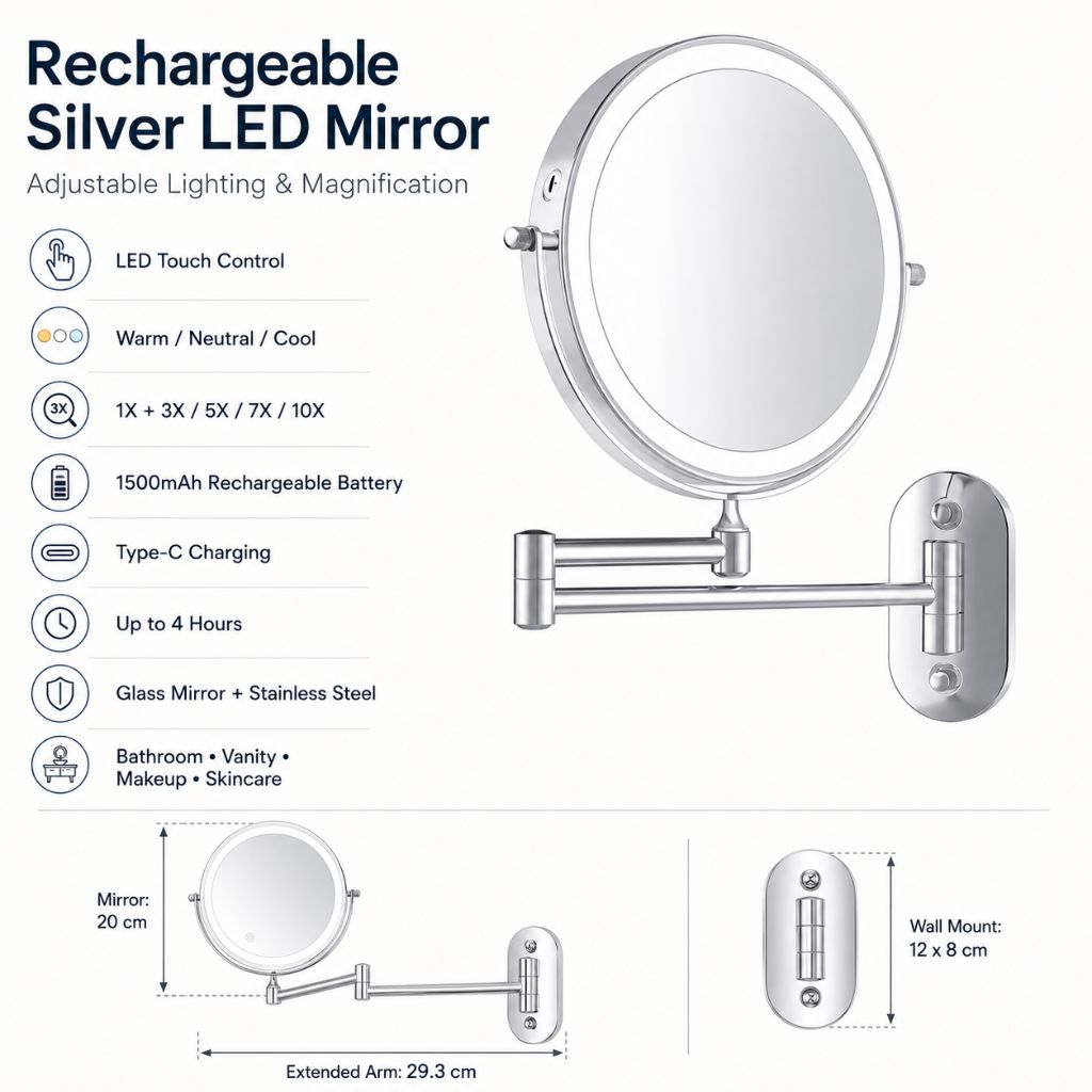Miroir mural argenté avec éclairage LED et grossissement pour la salle de bains, le maquillage, les soins et le rasage | Sansoti