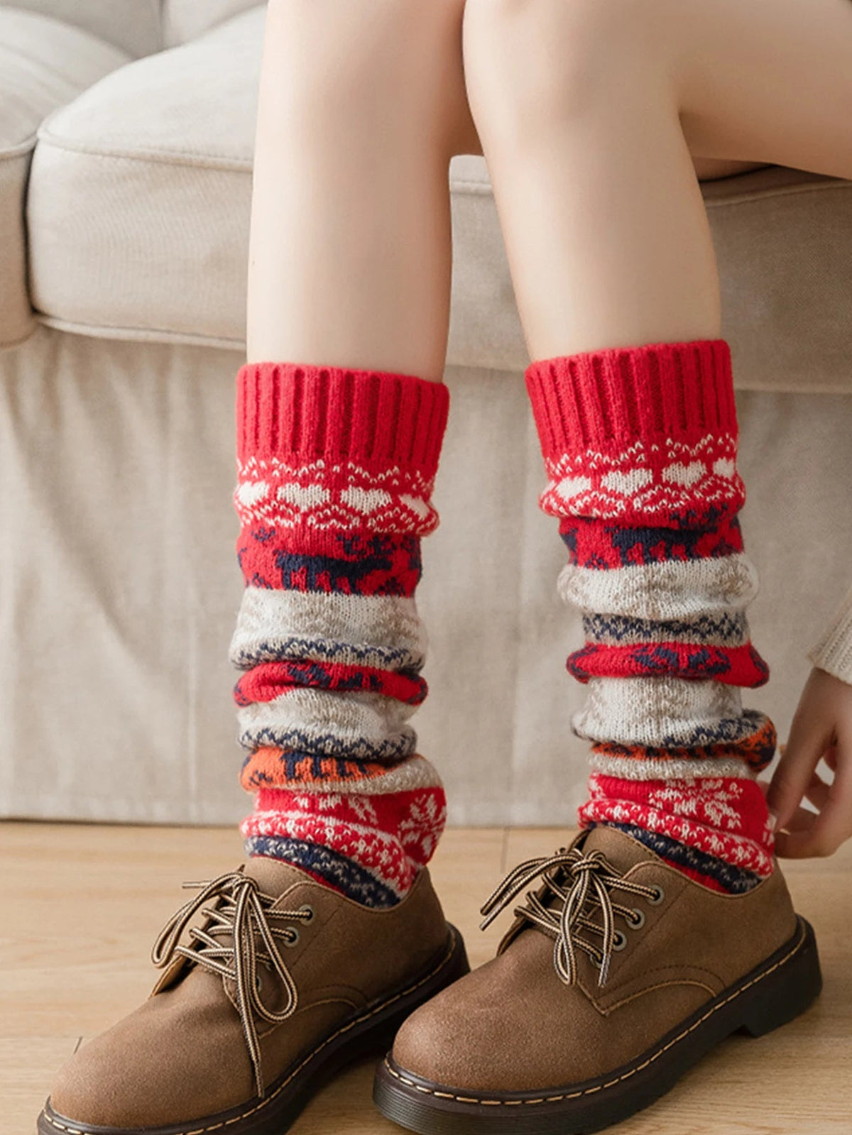 Knitted Leg Warmers for Women Winter Acrylic Long 43cm Snowflake Pattern Flexible Comfortable Warm Cozy | Sansoti