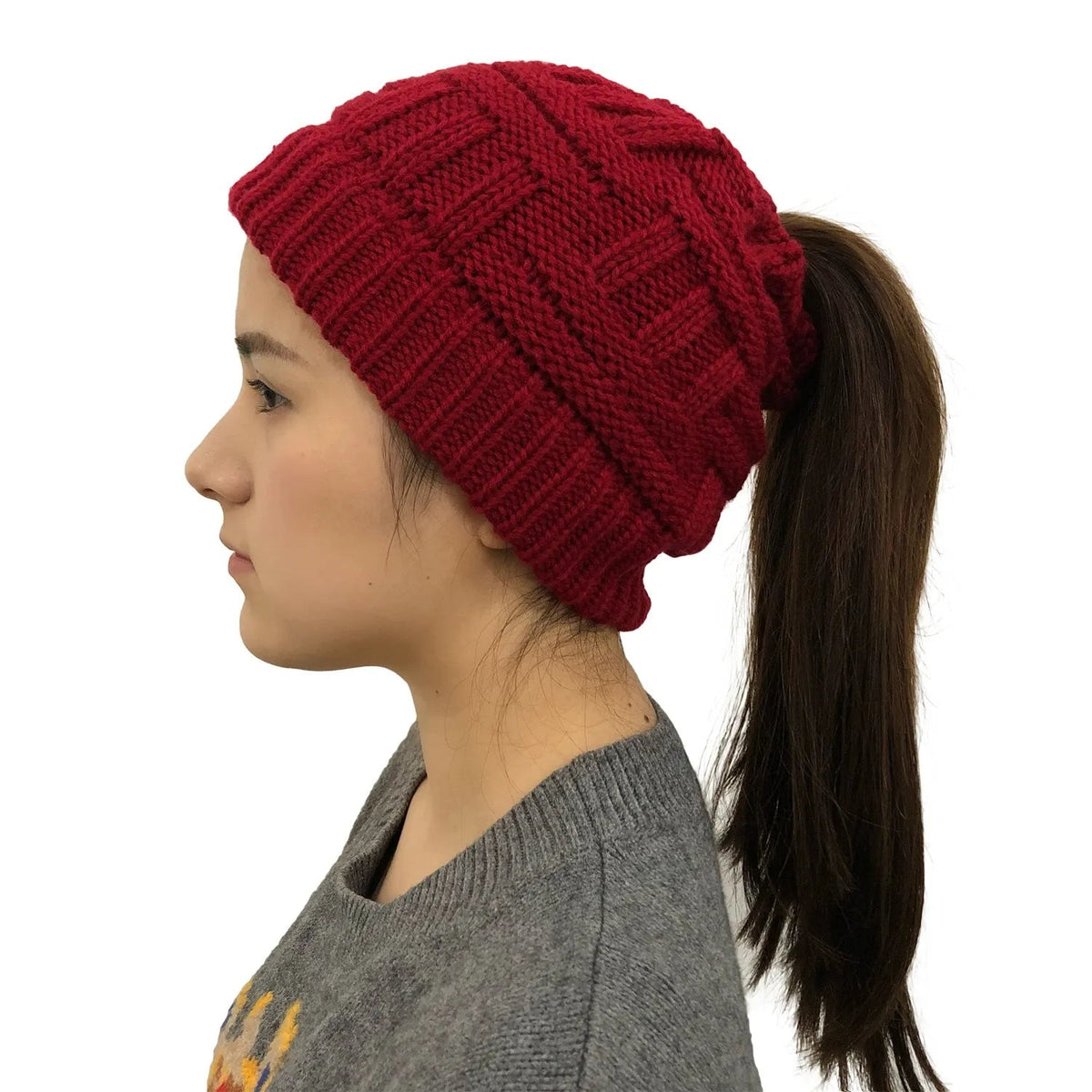 Bonnet d’hiver tricoté avec ouverture pour queue de cheval pour femmes, bonnet chaud, bonnet de ski, accessoire d’hiver pour l’extérieur | Sansoti