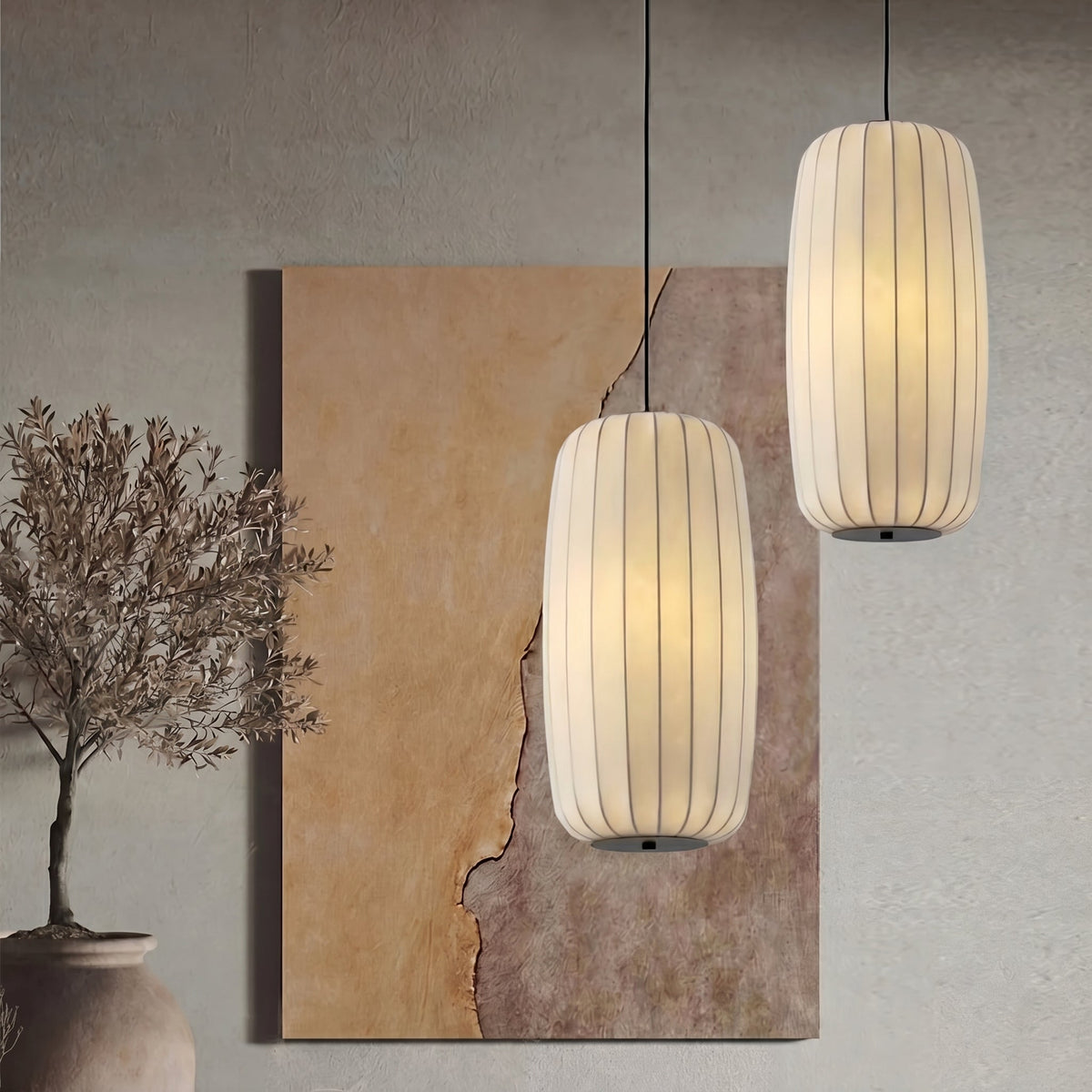 Gefaltete Stoff-Hängeleuchte, warmweißes LED-Licht, verstellbar, E27, Ø30–55 cm, für Wohnzimmer, Essbereich und Leseecke, stimmungsvolle Beleuchtung | Sansoti