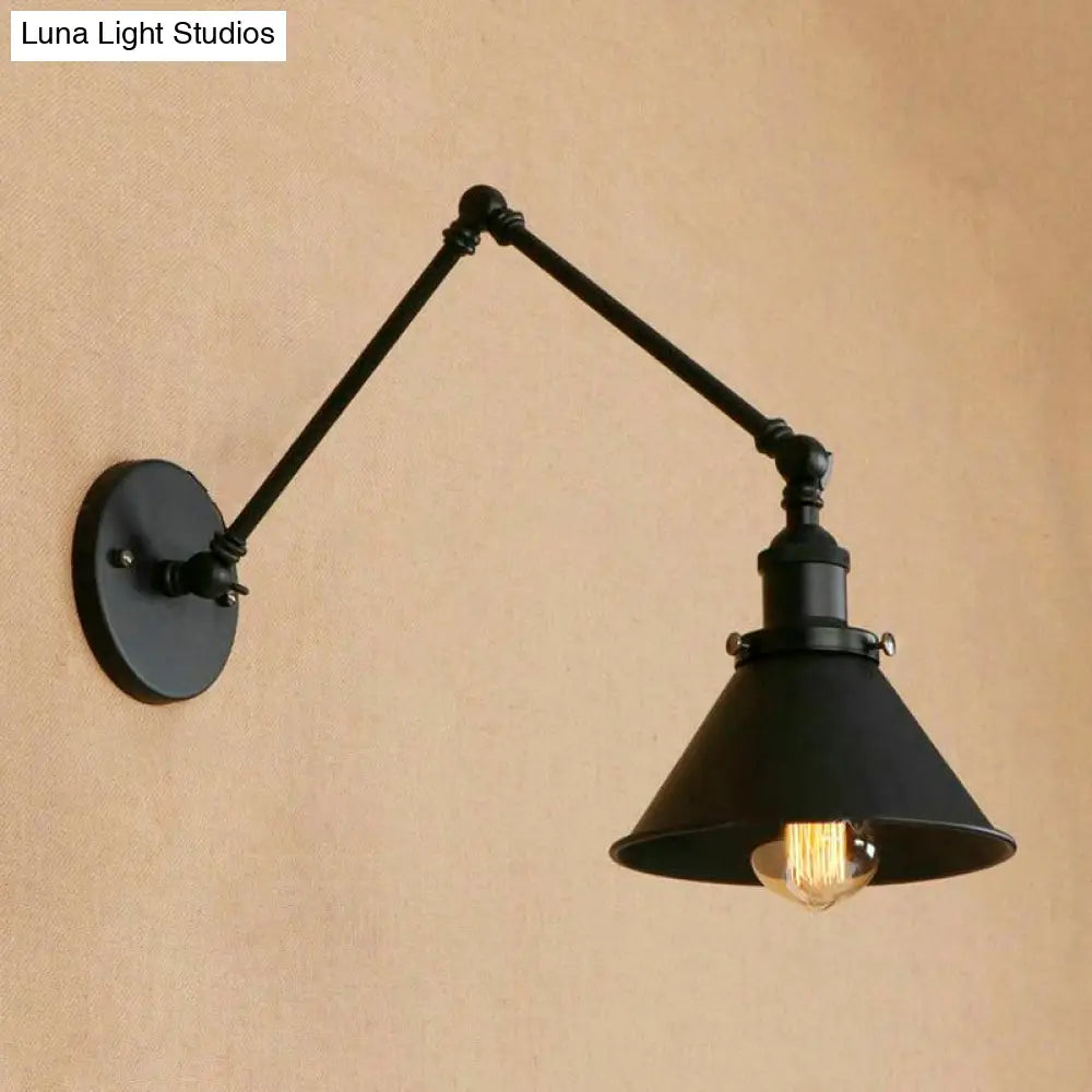 Czarny kinkiet z regulowanym ramieniem i stożkowym kloszem, industrialny design, metal, oprawka E26 E27, do salonu | Sansoti