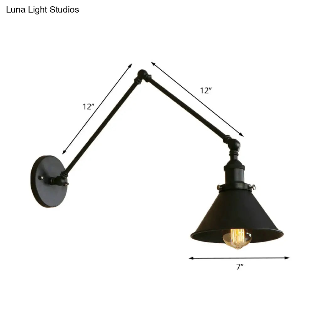 Czarny kinkiet z regulowanym ramieniem i stożkowym kloszem, industrialny design, metal, oprawka E26 E27, do salonu | Sansoti