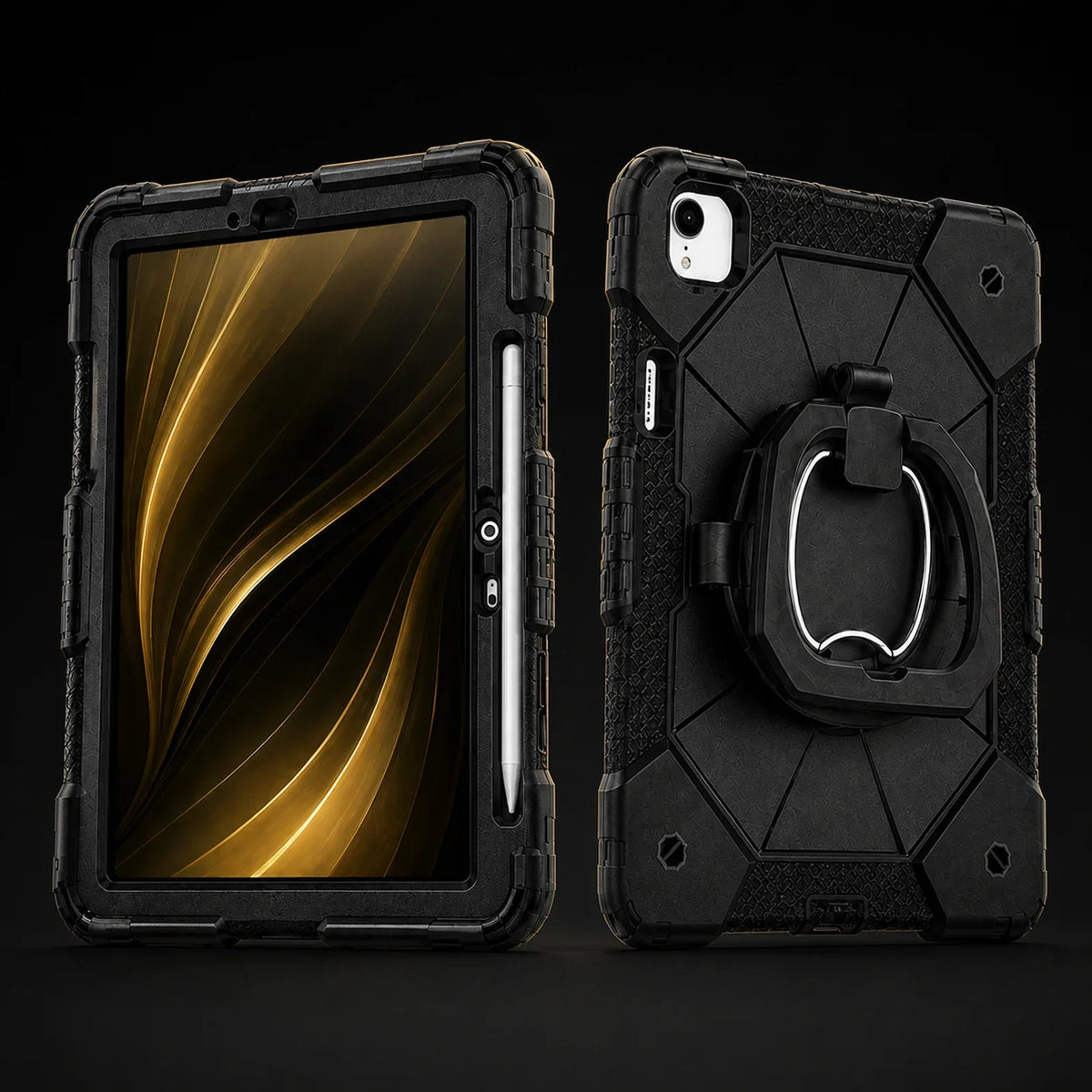 Rugged iPad Case with Ring Grip Three-Layer Protection Kickstand Shoulder Strap Screen Protector Black Orange | Sansoti
