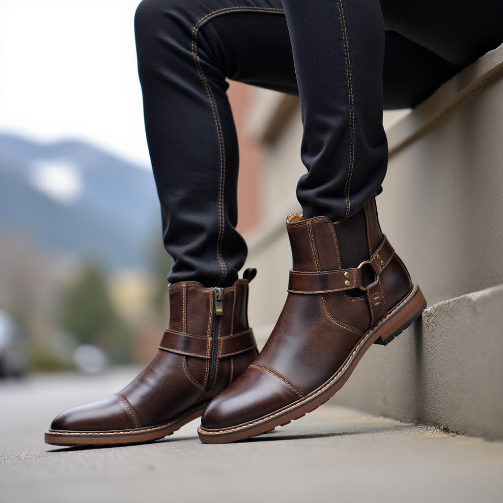 Leren Laarzen Heren Moto-Stijl Cognac Bruin Enkelhoog Vintage Uitstraling Comfortabel Duurzaam Leder | Sansoti