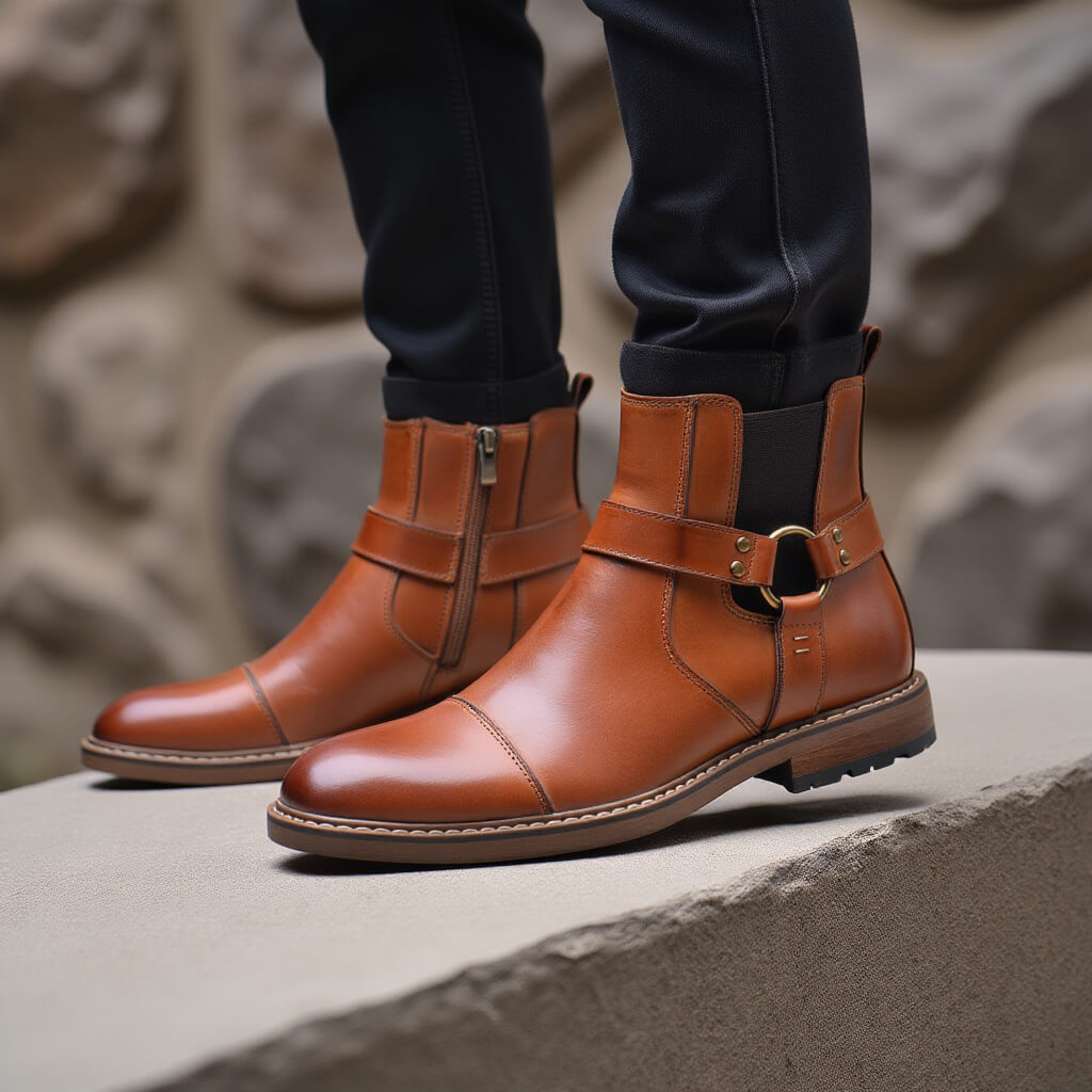 Leren Laarzen Heren Moto-Stijl Cognac Bruin Enkelhoog Vintage Uitstraling Comfortabel Duurzaam Leder | Sansoti