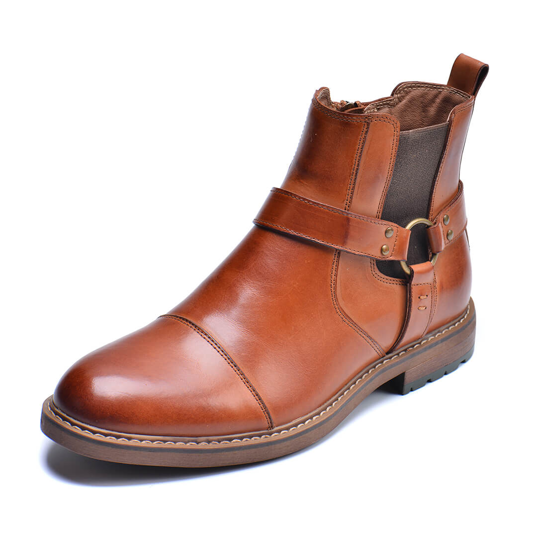 Leren Laarzen Heren Moto-Stijl Cognac Bruin Enkelhoog Vintage Uitstraling Comfortabel Duurzaam Leder | Sansoti