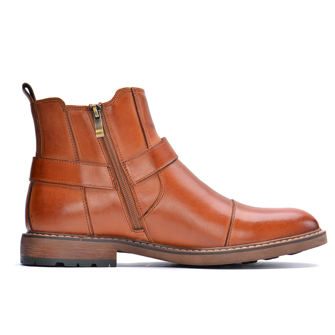 Leren Laarzen Heren Moto-Stijl Cognac Bruin Enkelhoog Vintage Uitstraling Comfortabel Duurzaam Leder | Sansoti