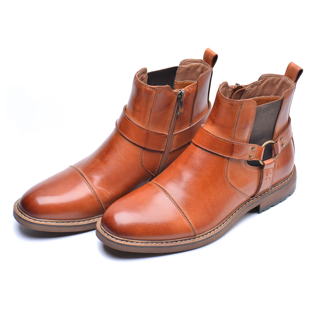 Leren Laarzen Heren Moto-Stijl Cognac Bruin Enkelhoog Vintage Uitstraling Comfortabel Duurzaam Leder | Sansoti