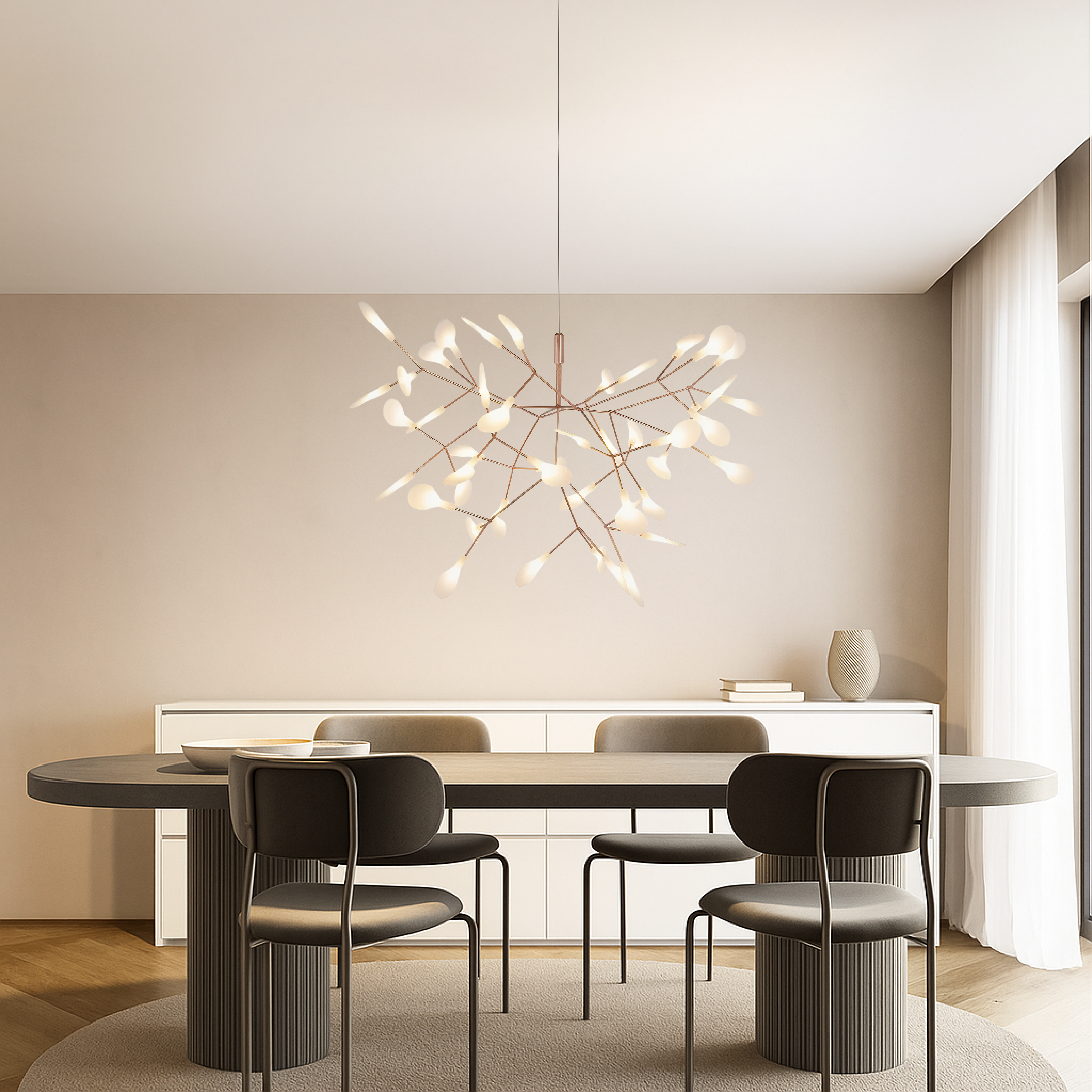 Suspension en métal rose doré, 45 sources lumineuses, design sculptural moderne pour grands espaces, salle à manger et salon | Sansoti