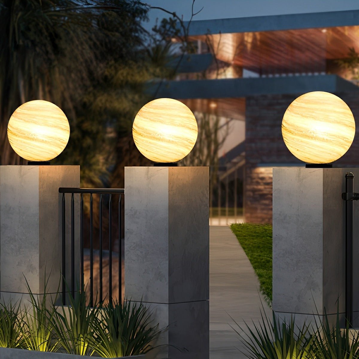 Außenlampe Pfostenkopf Kugel Glas Marmoroptik Warmweiß Garten Einfahrt Tor Villa Außenbeleuchtung Sockellampe E27 IP54 Gartenlampe Stimmungsbeleuchtung | Restfield
