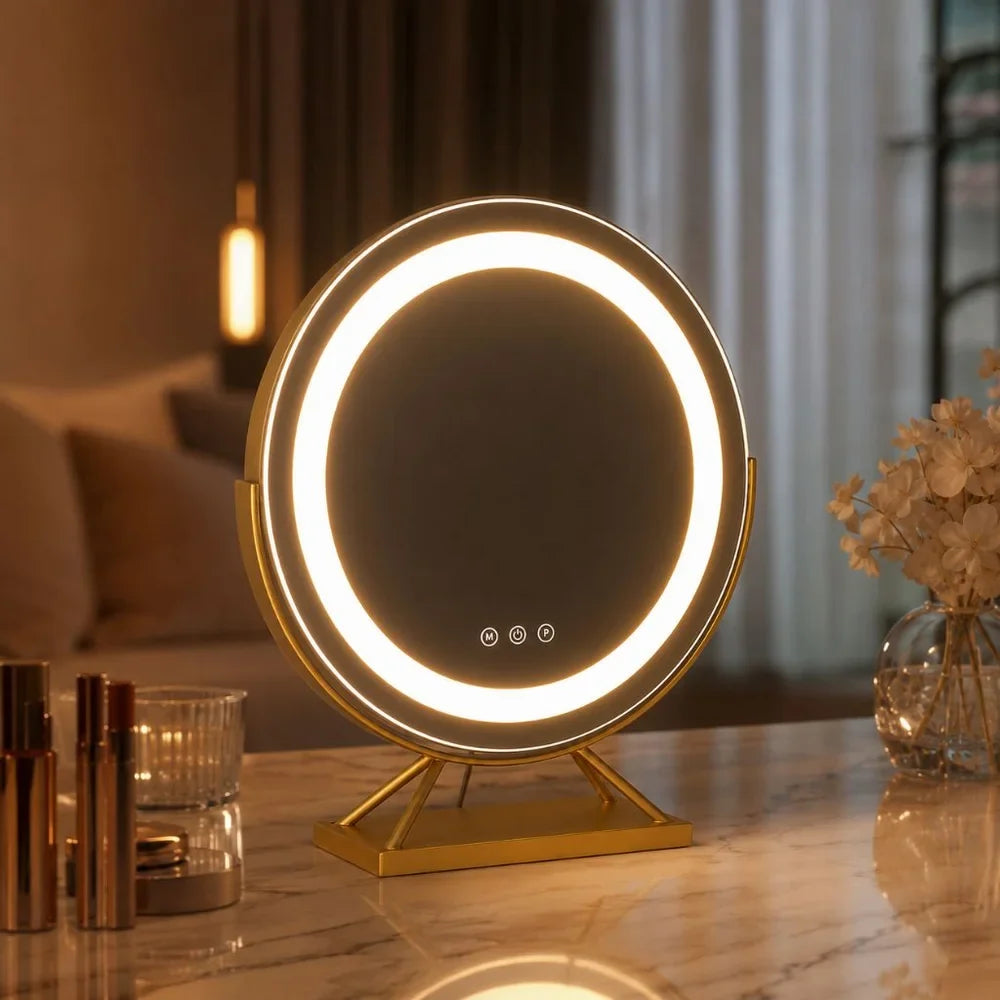 Beleuchteter Make-up-Spiegel mit dimmbarer LED, 15-facher Vergrößerung, 30 cm, rund, 3 Lichtmodi, um 360° drehbar, Tischmodell | Sansoti