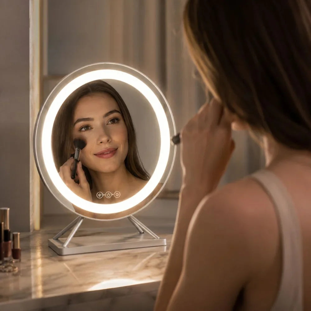 Beleuchteter Make-up-Spiegel mit dimmbarer LED, 15-facher Vergrößerung, 30 cm, rund, 3 Lichtmodi, um 360° drehbar, Tischmodell | Sansoti